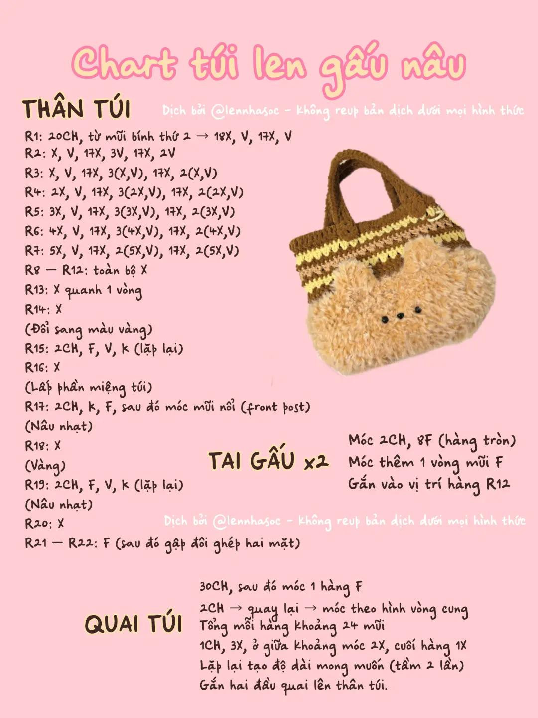 Chart túi len gấu nâu lông xù với họa tiết bánh kem