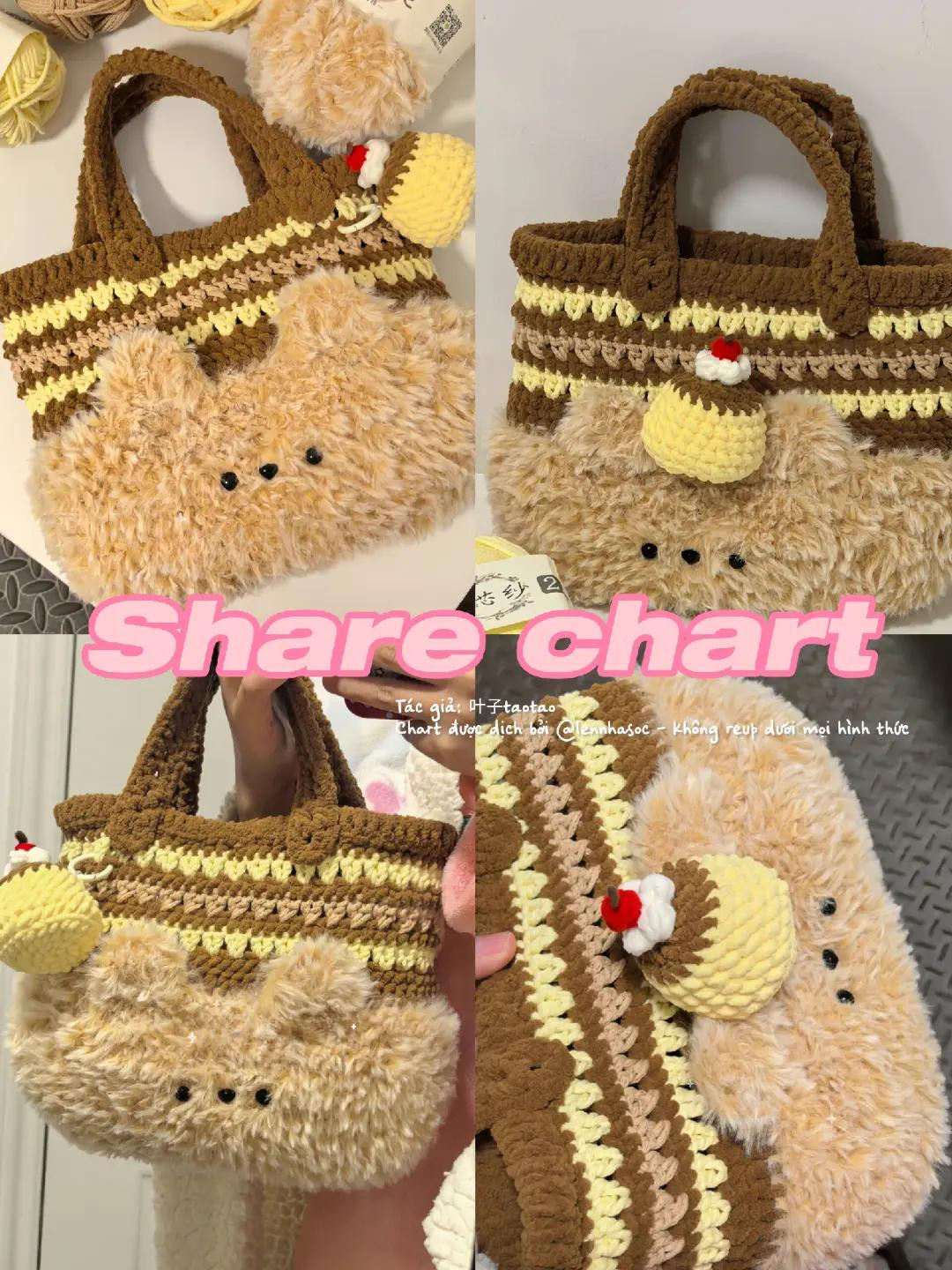Chart túi len gấu nâu lông xù với họa tiết bánh kem