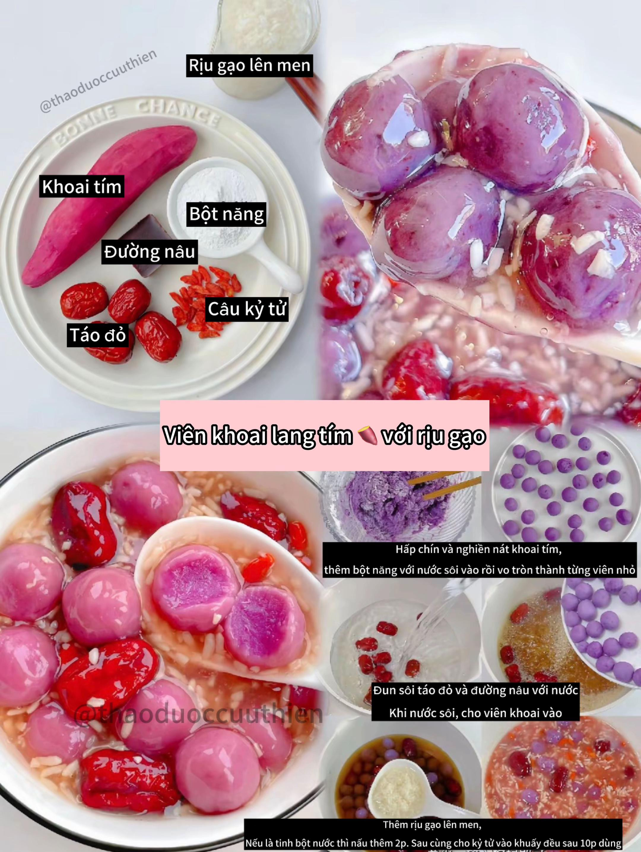 Chè viên khoai lang tím rựu gạo lên men với táo đỏ, kỷ tử và đường nâu