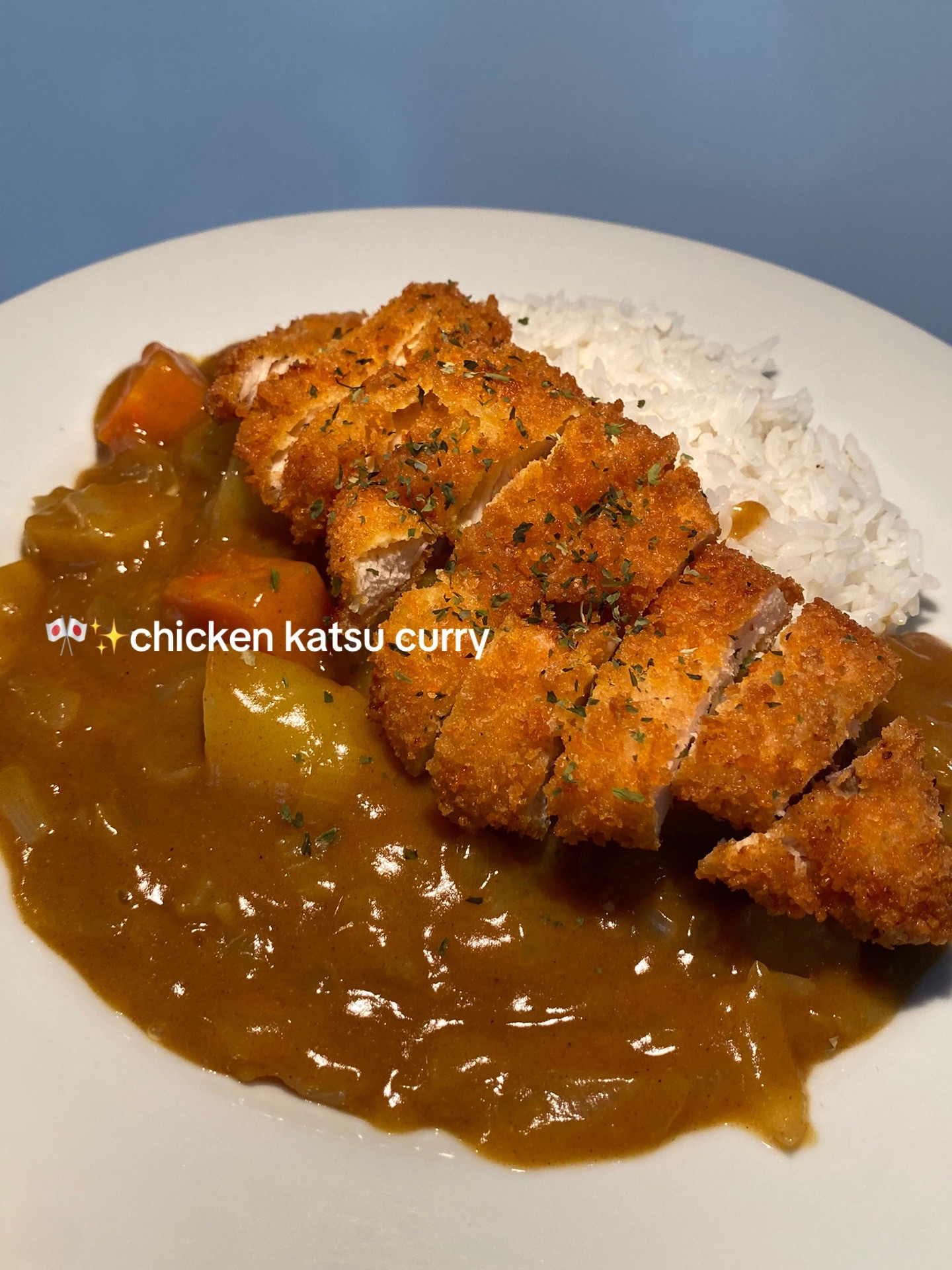 Chicken Katsu Curry with rice, crispy fried chicken breast served in savory curry sauce