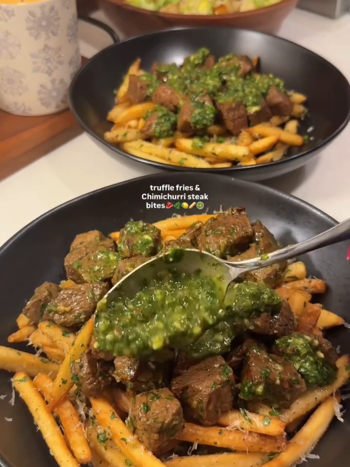 Chimichurri steak bites over truffle fries and caesar salad recipe