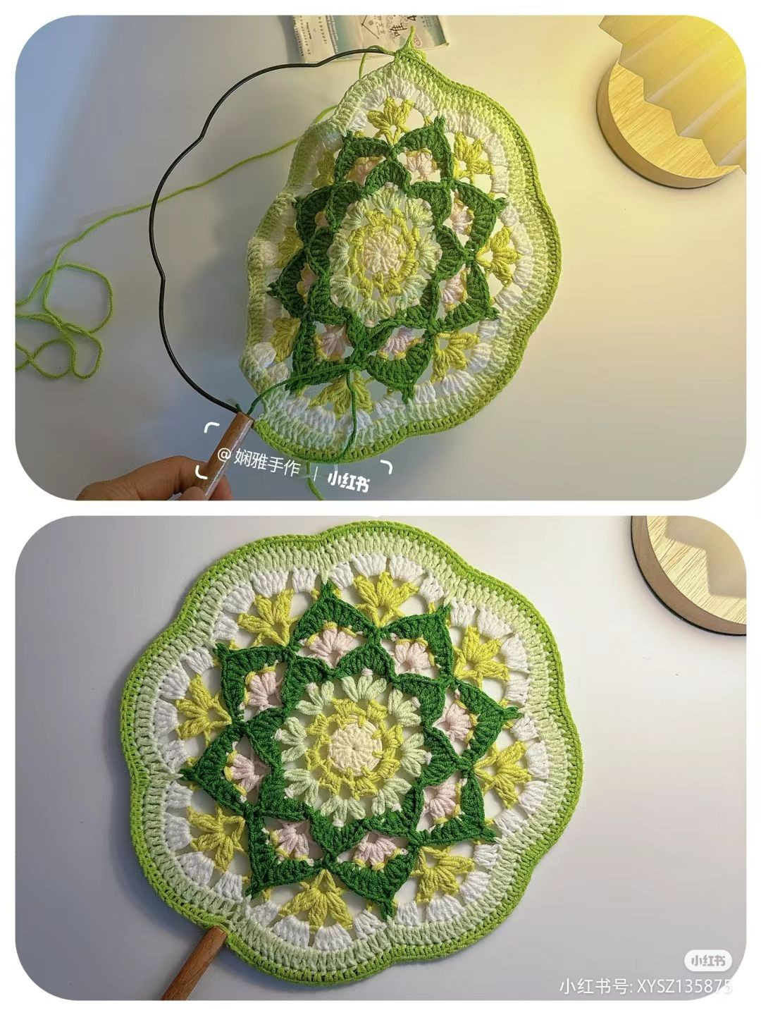 Chinese Ancient Style Crochet Fan Pattern with Green Floral Mandala Design and Chart