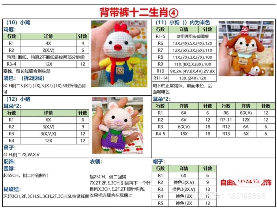 Chinese Zodiac Amigurumi Crochet Pattern: Step-by-Step Chart for 12 Animals in Overalls