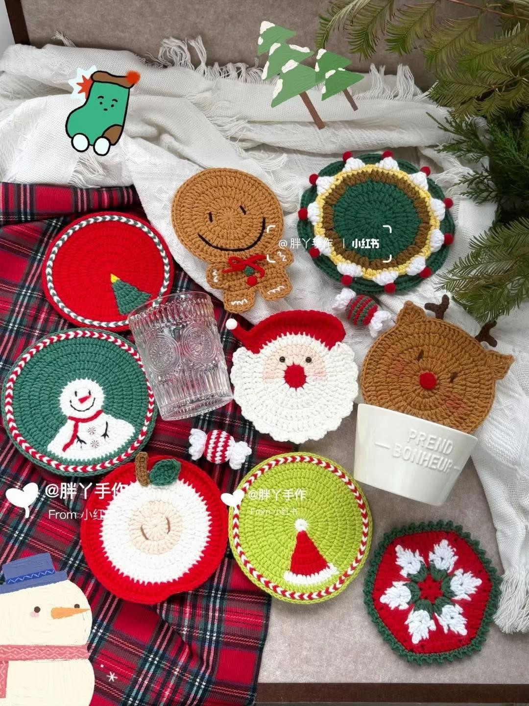 Christmas Crochet Coasters Pattern: Santa, Apple, Gingerbread