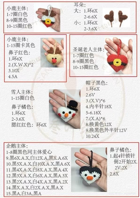 Christmas Heart Keychain Crochet Pattern: Snowman, Reindeer, Elf & Penguin