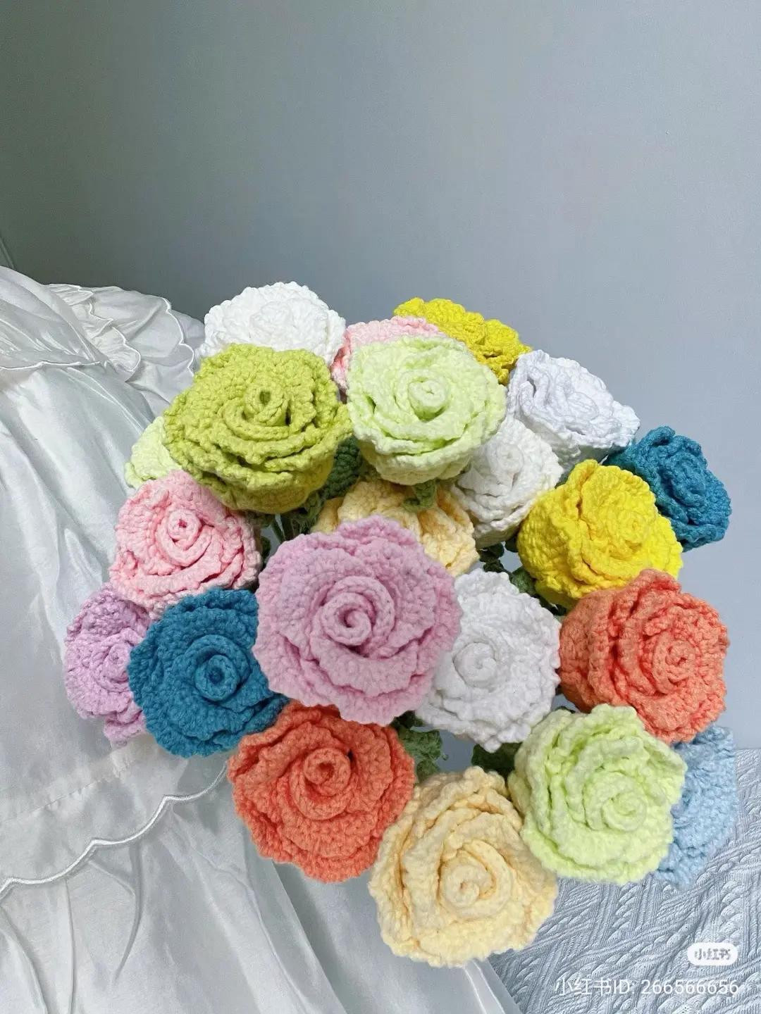 Chubby Rose Crochet Pattern: Colorful Bouquet of Handmade Yarn Flowers with Detailed Petal and Leaf Instructions