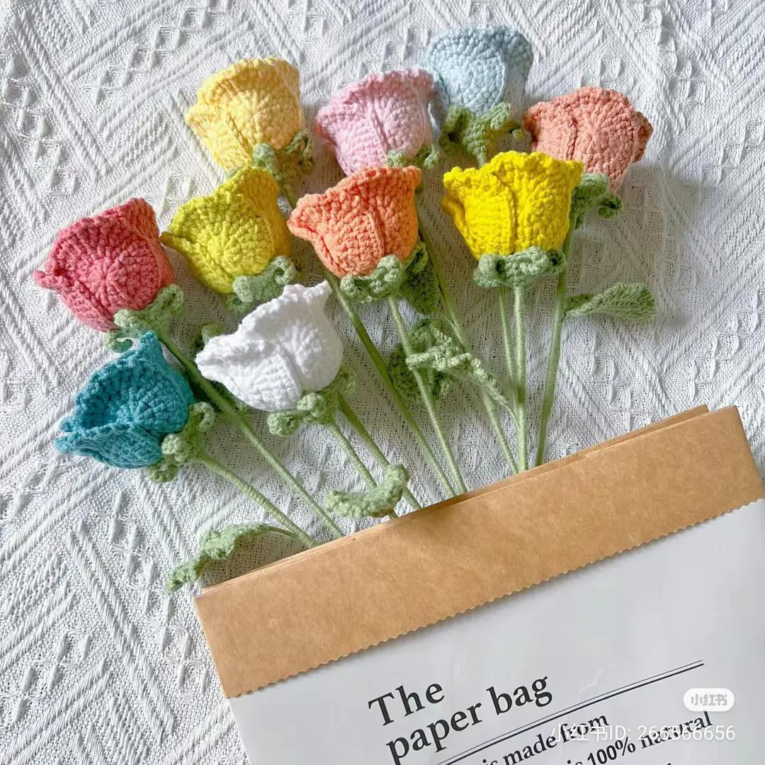 Chubby Rose Crochet Pattern: Colorful Bouquet of Handmade Yarn Flowers with Detailed Petal and Leaf Instructions