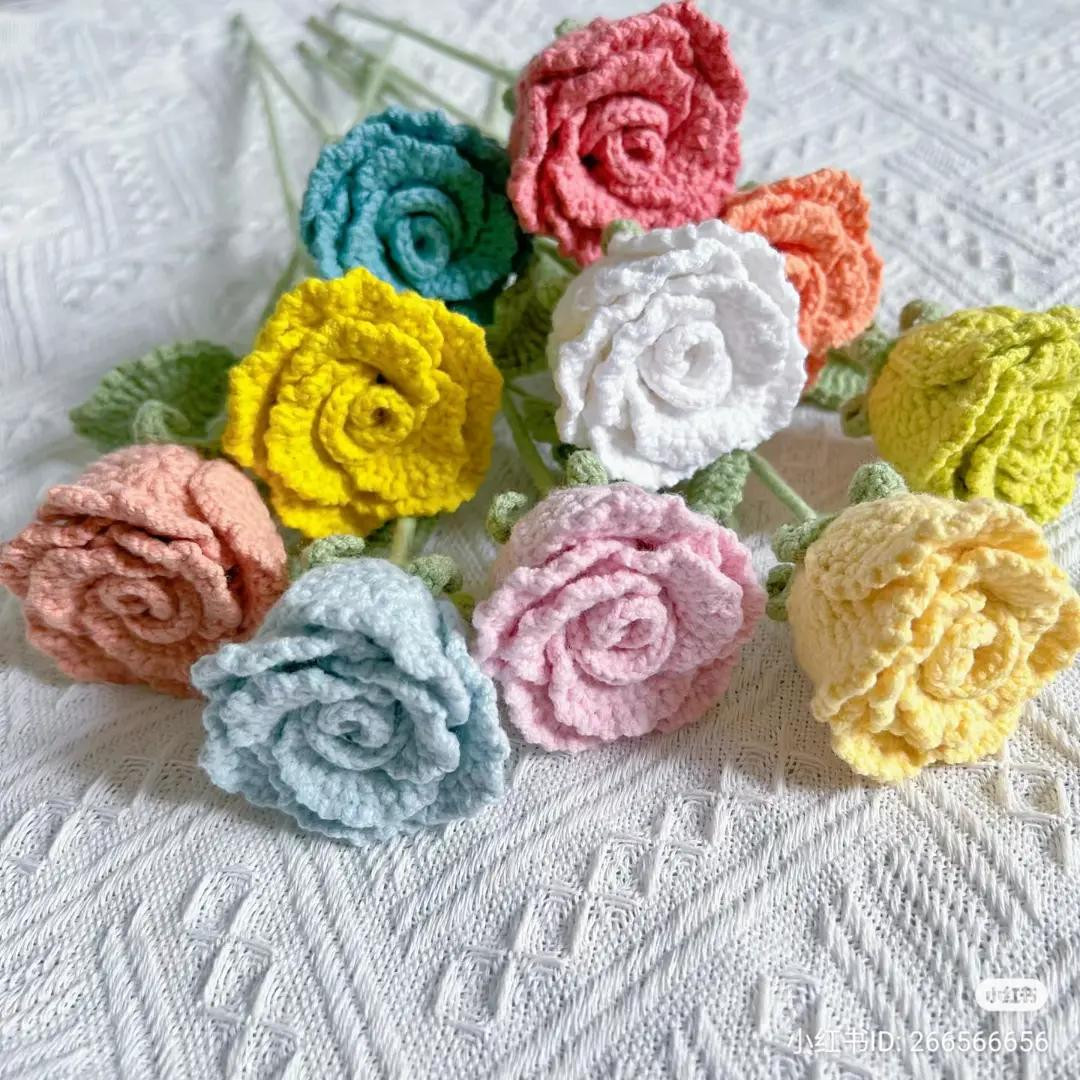 Chubby Rose Crochet Pattern: Colorful Bouquet of Handmade Yarn Flowers with Detailed Petal and Leaf Instructions
