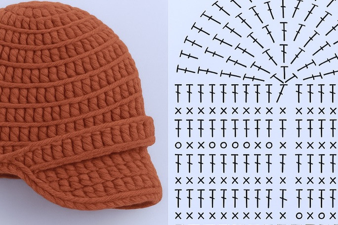 Circular Blue Crochet Base and Brown Cap Flat Charts with Symbols