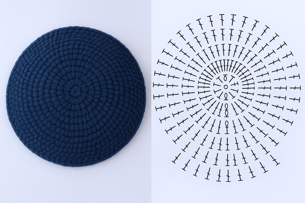 Circular Blue Crochet Base and Brown Cap Flat Charts with Symbols