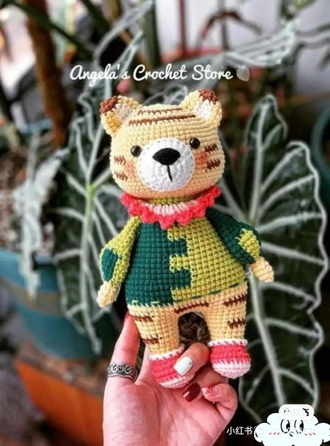 Circus Tiger Amigurumi Crochet Pattern: Detailed Step-by-Step Chart for Yellow Striped Bear Doll with Green Outfit