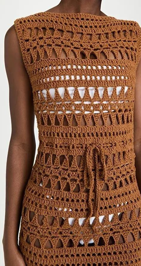 Cô Pé Handmade Knits: Brown Sleeveless Crochet Maxi Dress with Lace Pattern and Flat Chart