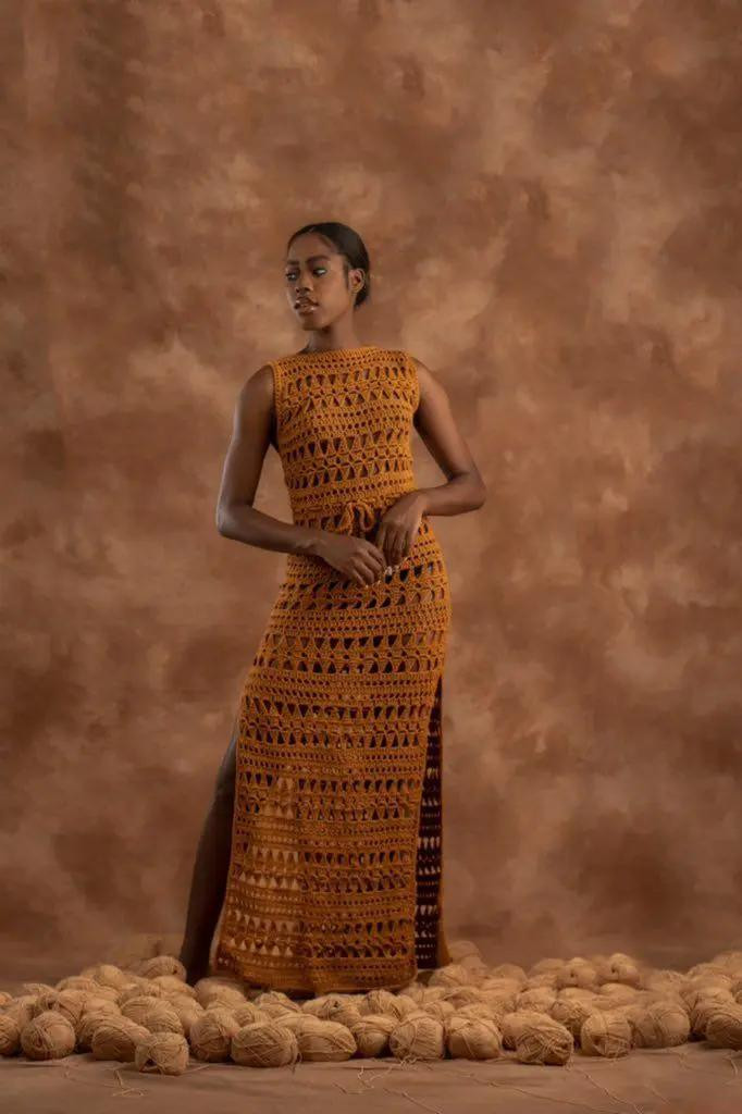 Cô Pé Handmade Knits: Brown Sleeveless Crochet Maxi Dress with Lace Pattern and Flat Chart