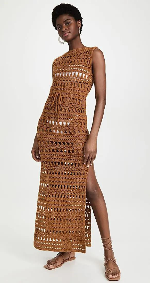 Cô Pé Handmade Knits: Brown Sleeveless Crochet Maxi Dress with Lace Pattern and Flat Chart