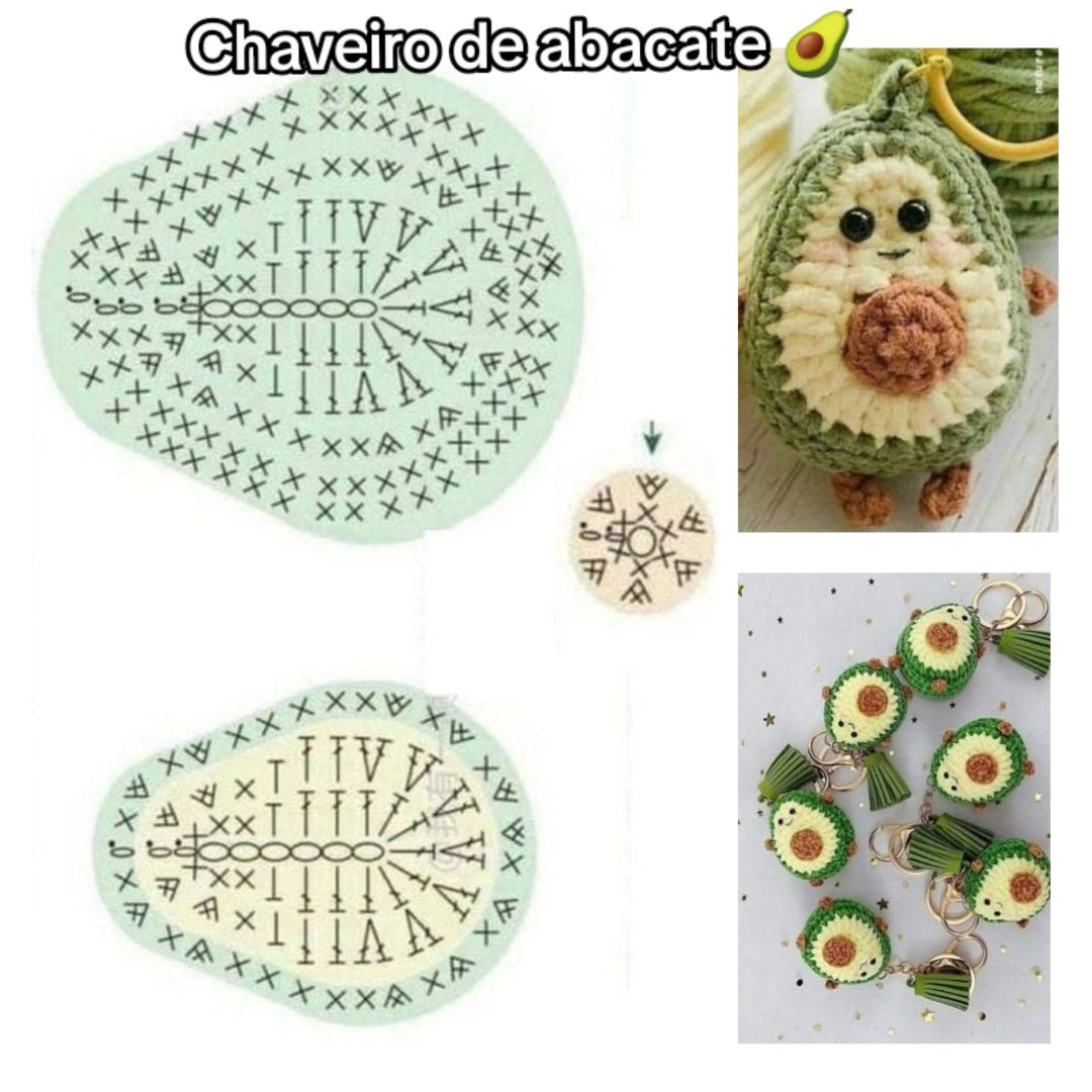 Coleção Gráficos de Crochê: Porta Copos Gatinho, Chaveiro Abacate e Flor Pequena