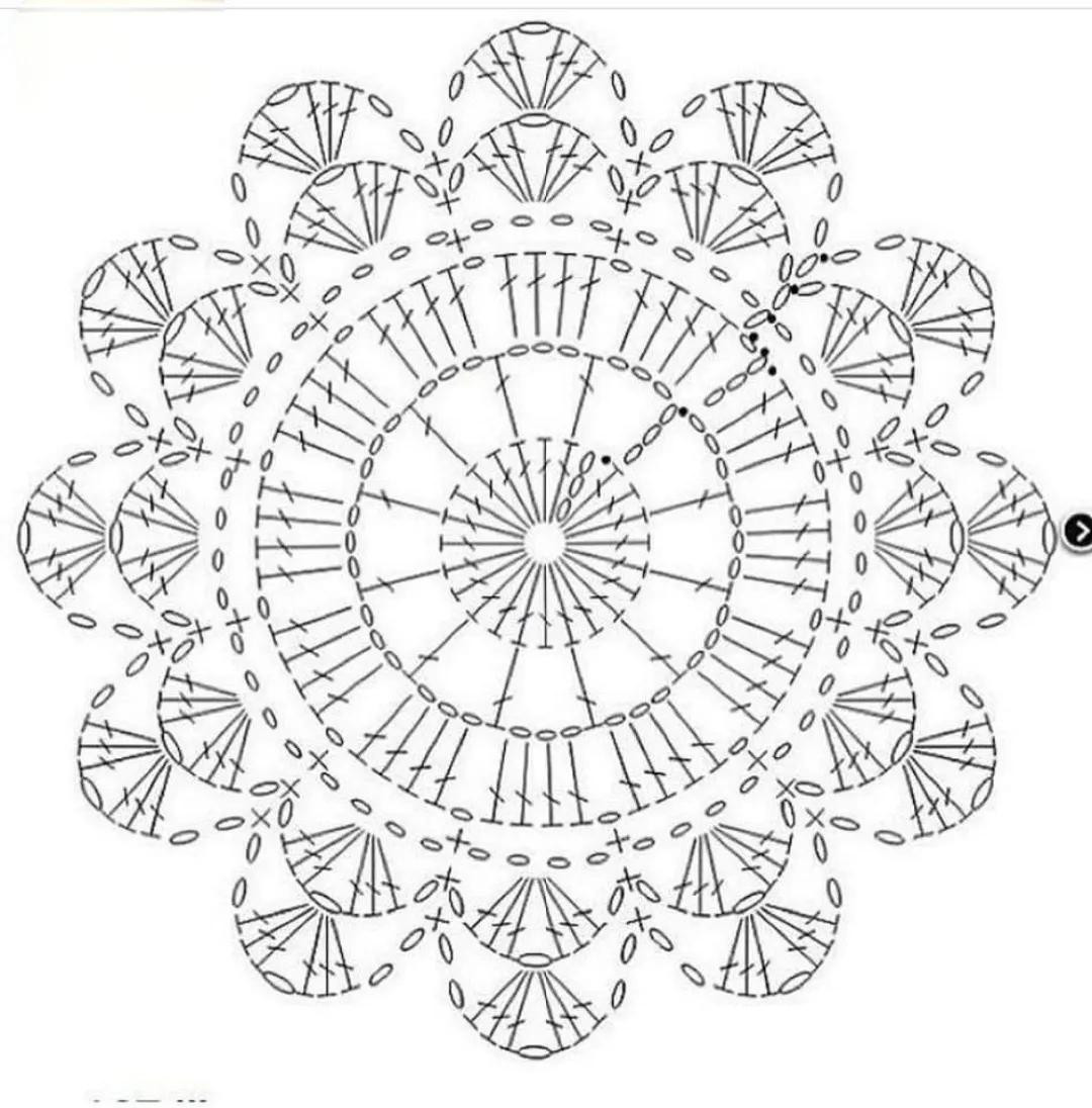 Collection of colorful and black-and-white circular crochet flat charts with mandala and shell patterns