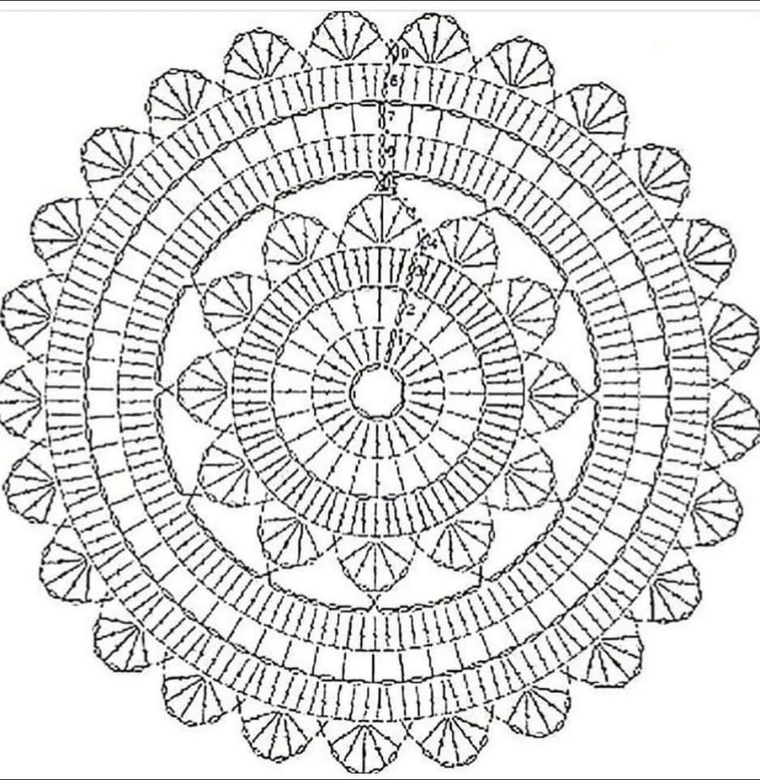 Collection of colorful and black-and-white circular crochet flat charts with mandala and shell patterns