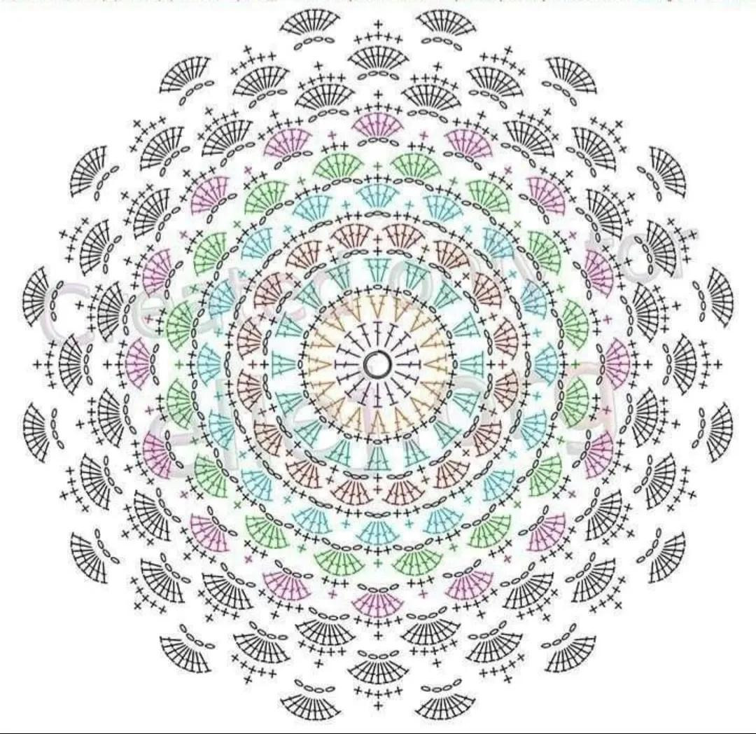 Collection of colorful and black-and-white circular crochet flat charts with mandala and shell patterns