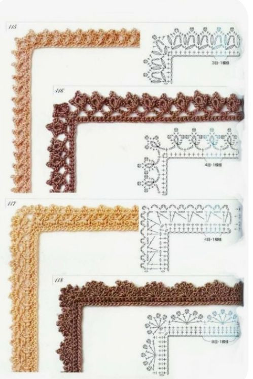 Collection of colorful crochet border patterns and charts with detailed stitch diagrams