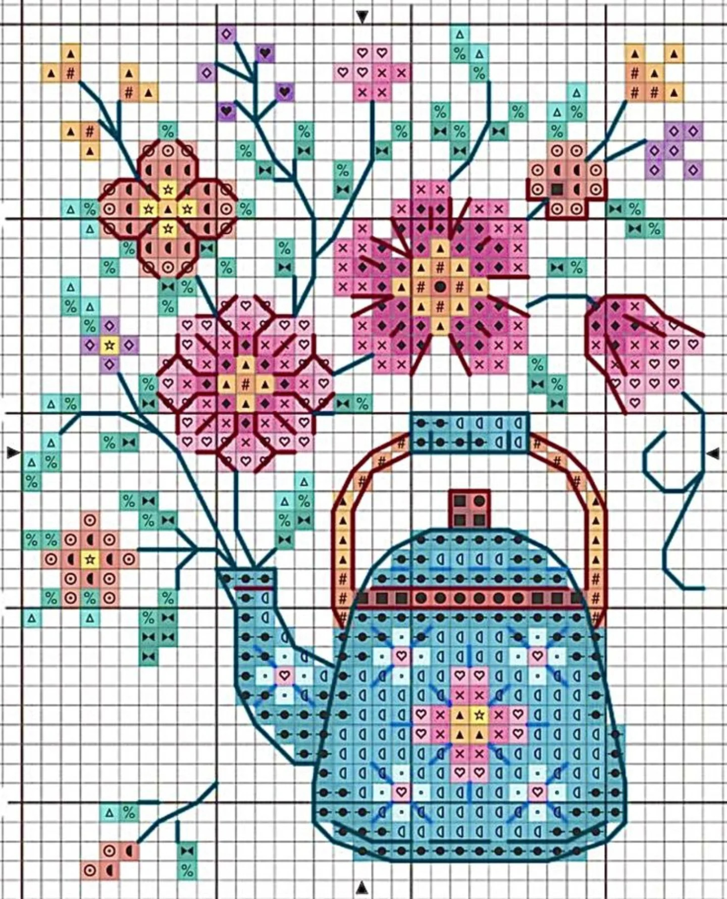 Collection of colorful cross-stitch flower patterns in vases and teapots