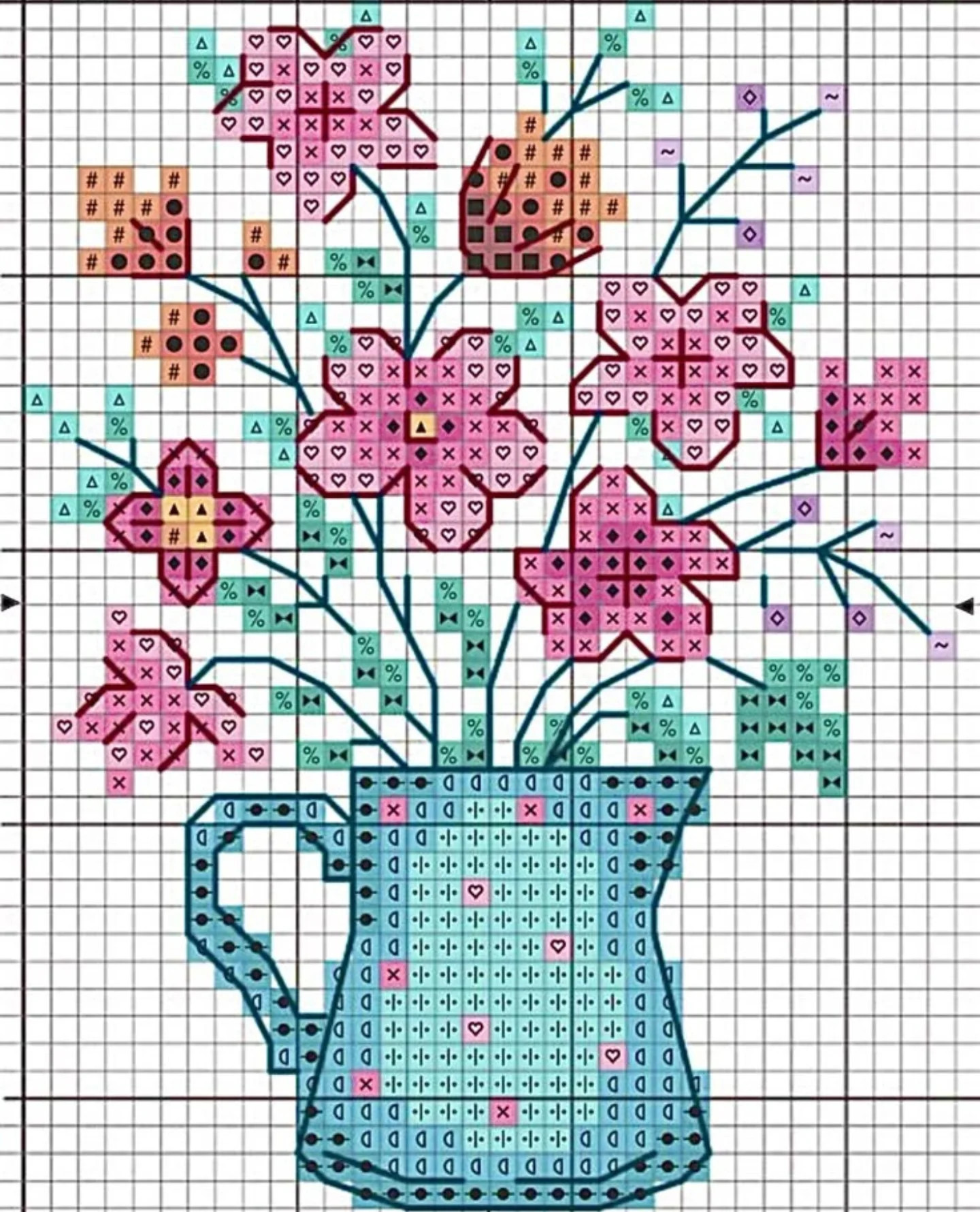 Collection of colorful cross-stitch flower patterns in vases and teapots
