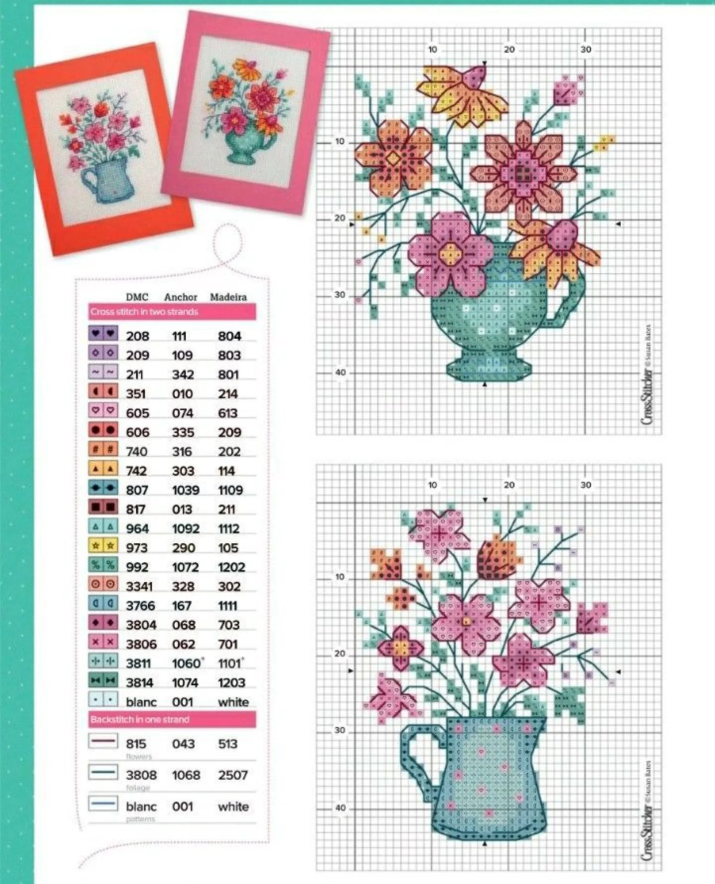 Collection of colorful cross-stitch flower patterns in vases and teapots