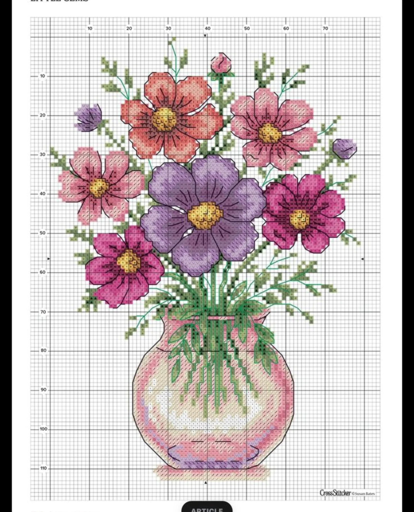Collection of colorful cross-stitch flower patterns in vases and teapots