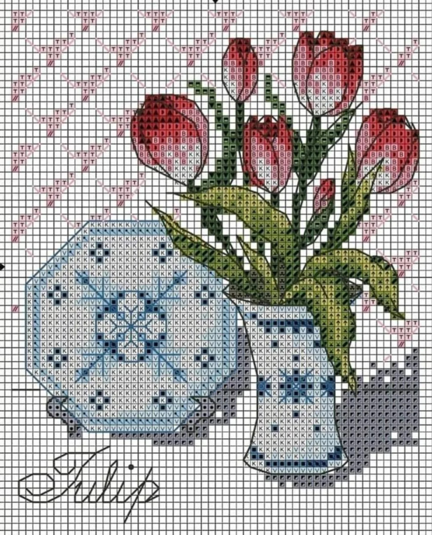 Collection of colorful cross-stitch flower patterns in vases and teapots