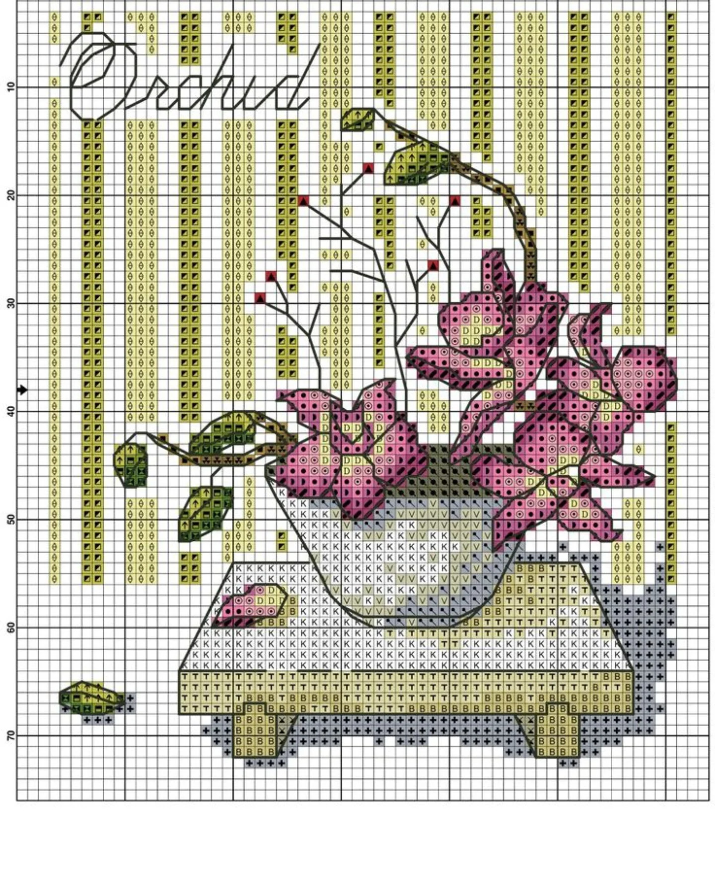 Collection of colorful cross-stitch flower patterns in vases and teapots