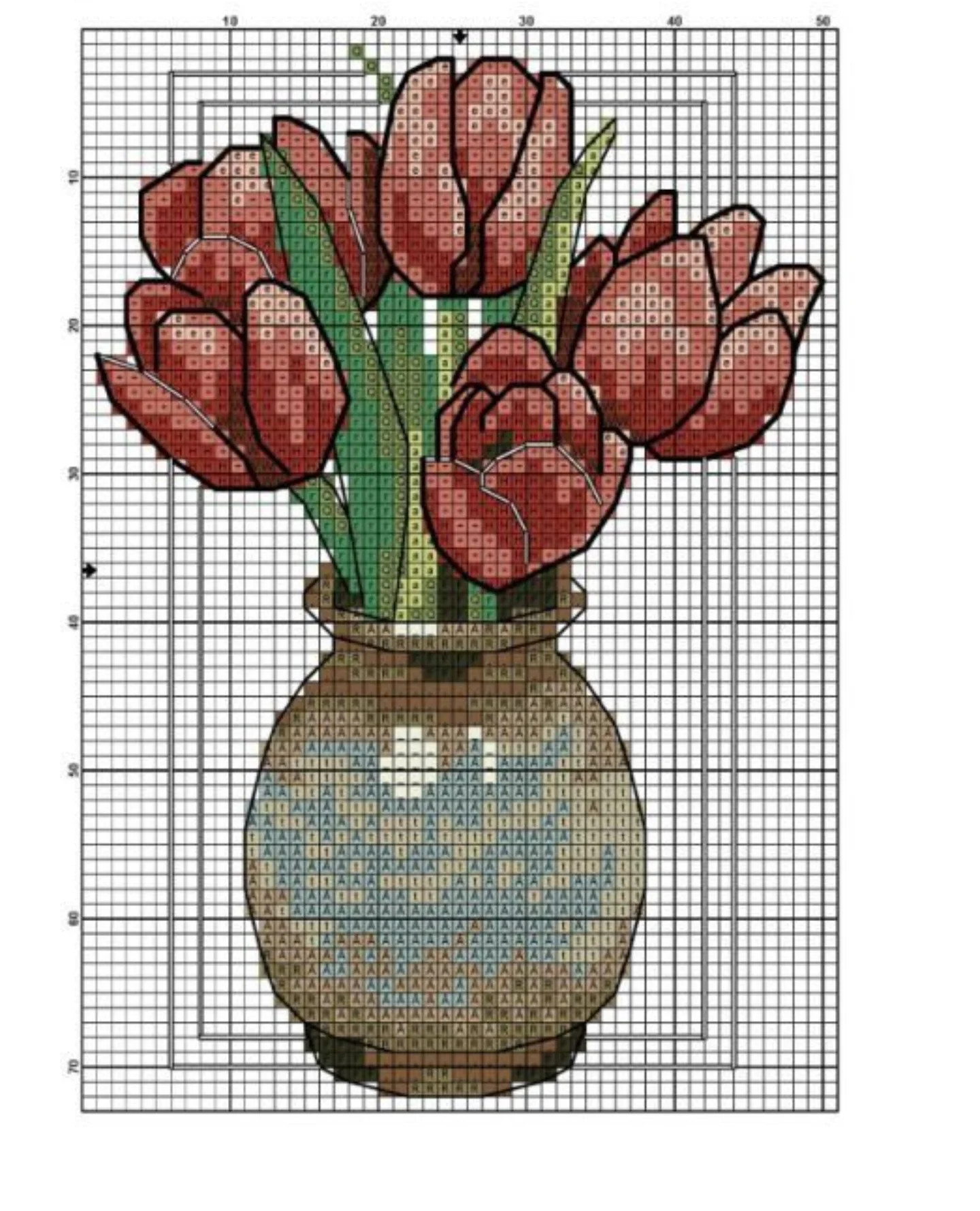 Collection of colorful cross-stitch flower patterns in vases and teapots