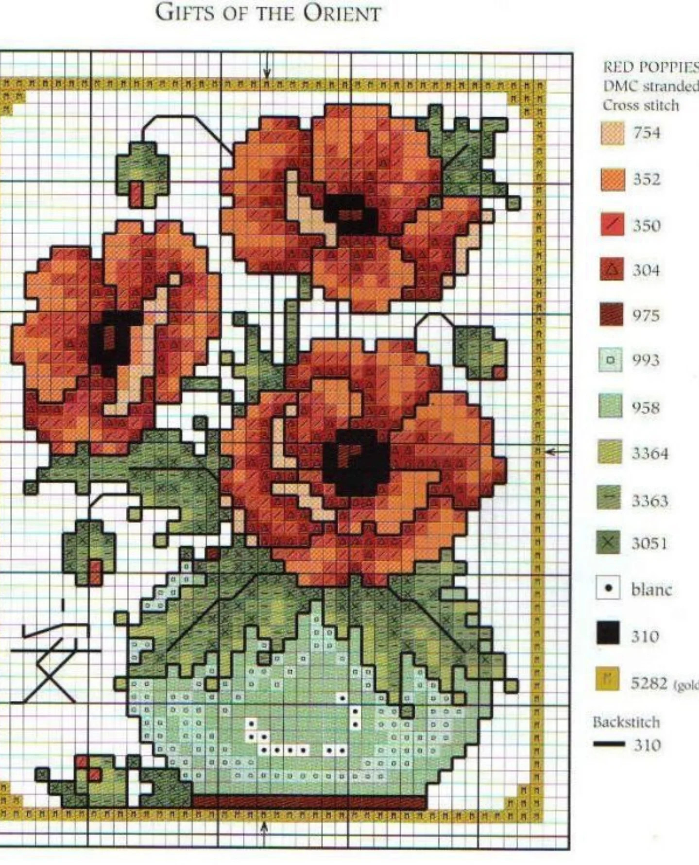 Collection of colorful cross-stitch flower patterns in vases and teapots