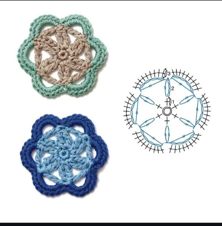Collection of colorful hexagon and flower crochet flat charts with step-by-step diagrams