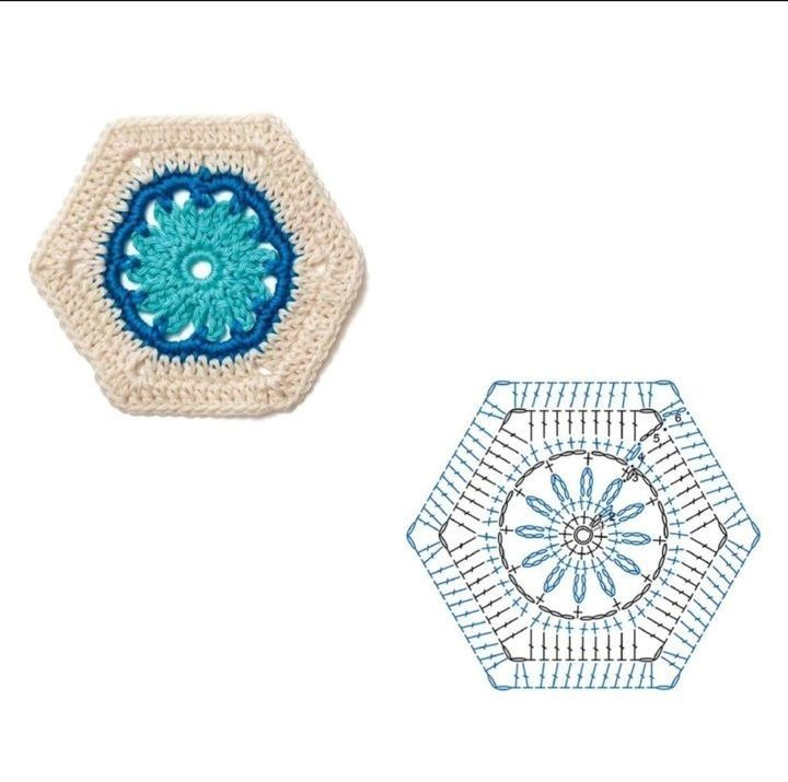 Collection of colorful hexagon and flower crochet flat charts with step-by-step diagrams