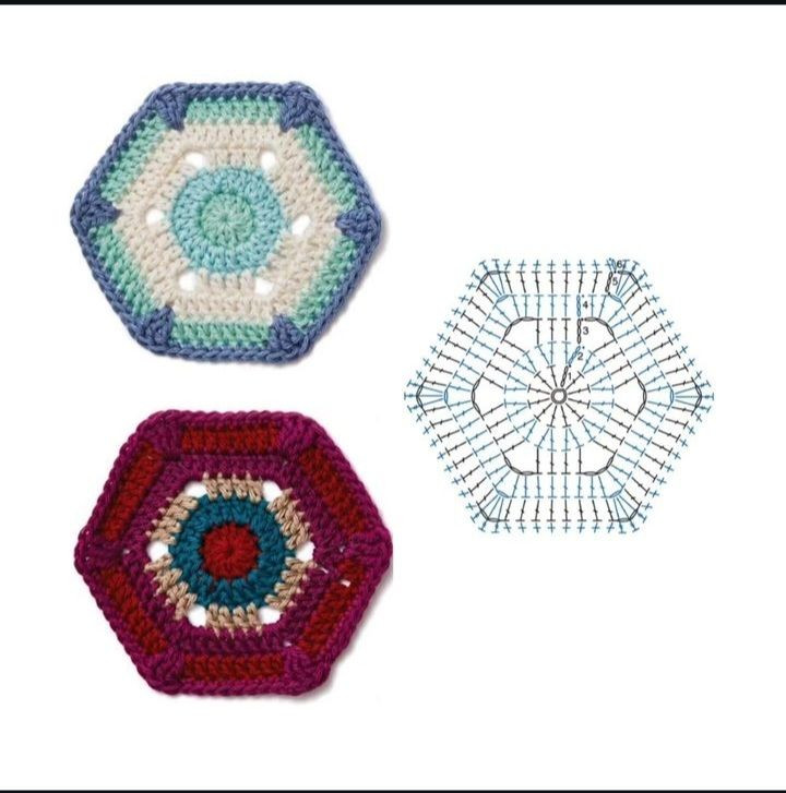 Collection of colorful hexagon and flower crochet flat charts with step-by-step diagrams