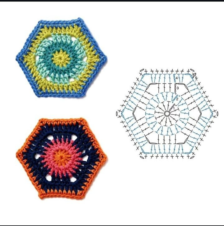 Collection of colorful hexagon and flower crochet flat charts with step-by-step diagrams