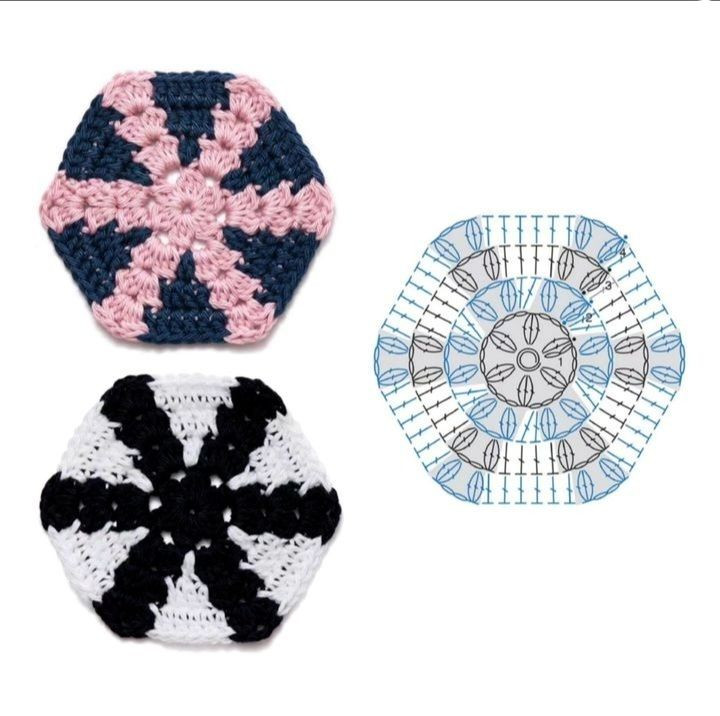 Collection of colorful hexagon and flower crochet flat charts with step-by-step diagrams