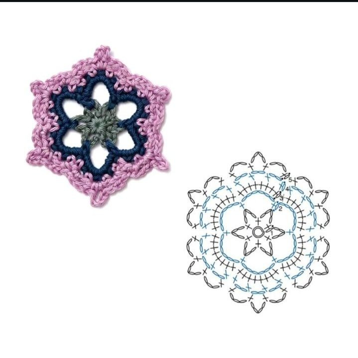 Collection of colorful hexagon and flower crochet flat charts with step-by-step diagrams