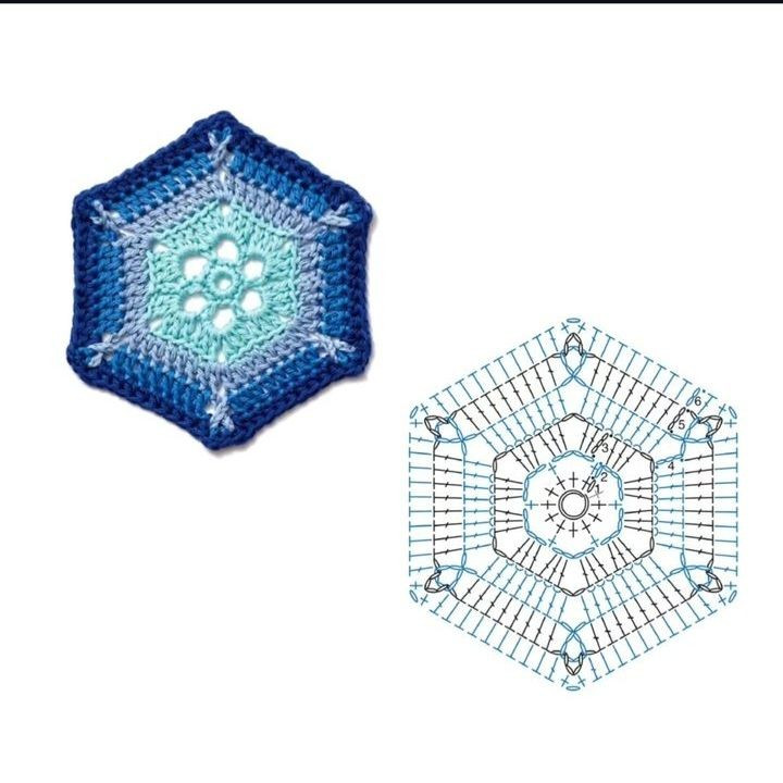 Collection of colorful hexagon and flower crochet flat charts with step-by-step diagrams