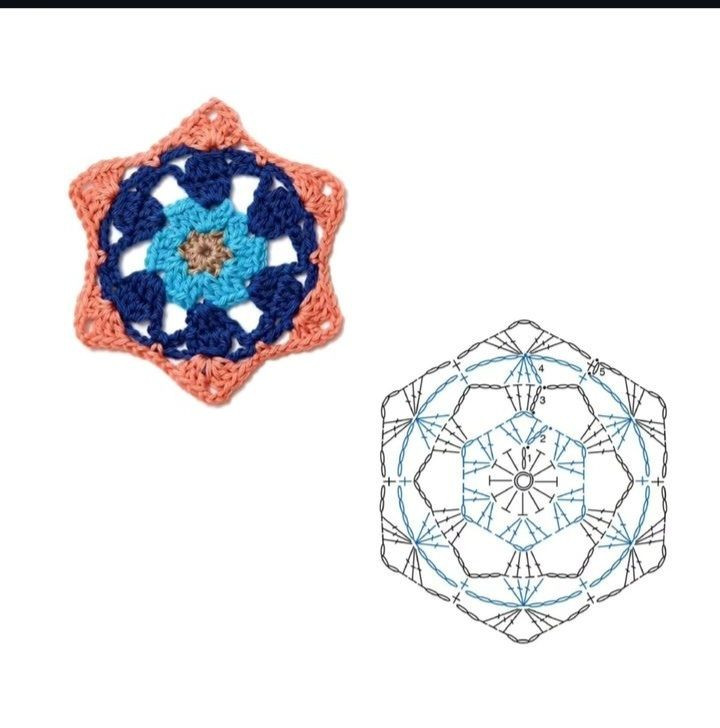 Collection of colorful hexagon and flower crochet flat charts with step-by-step diagrams