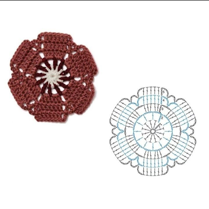 Collection of colorful hexagon and flower crochet flat charts with step-by-step diagrams
