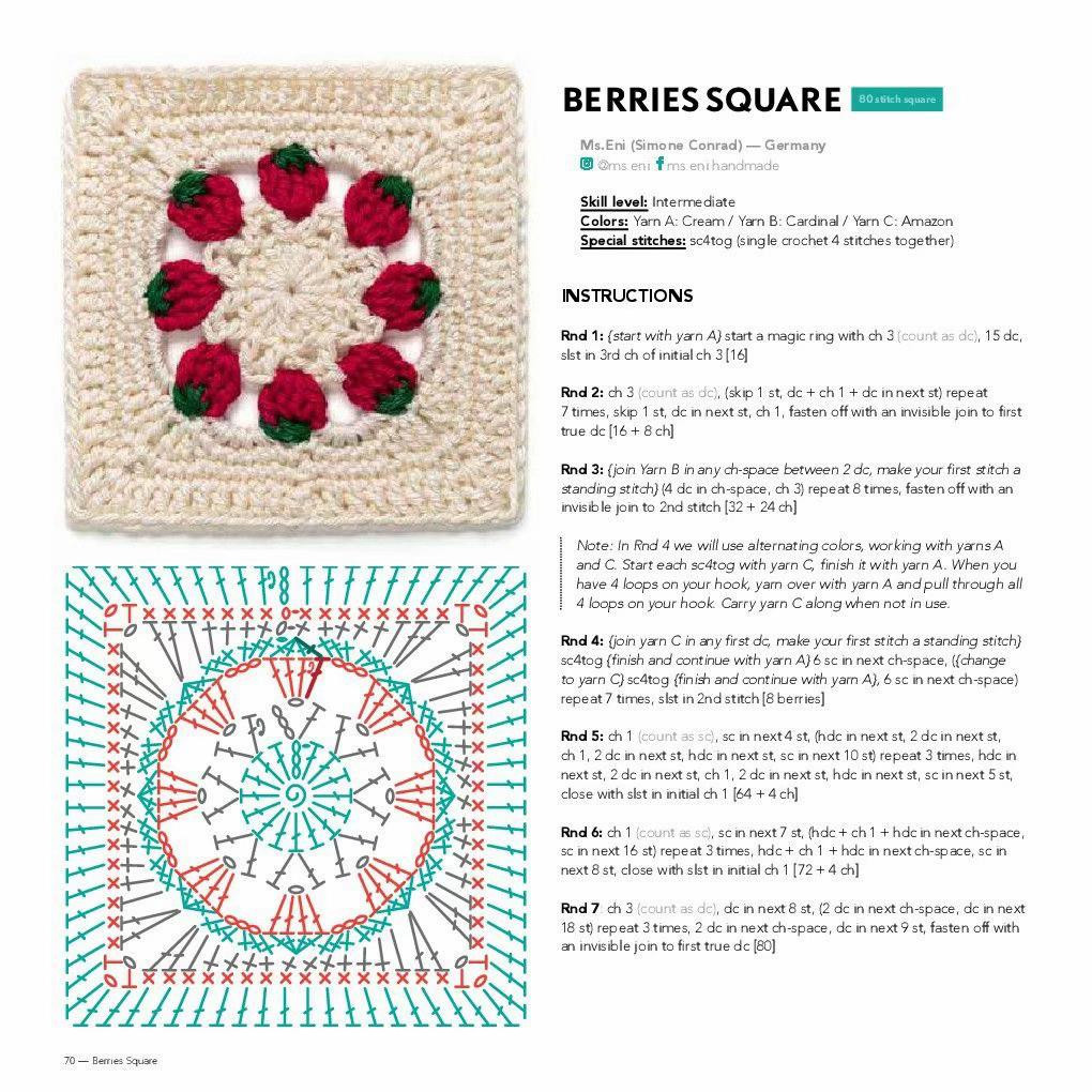 Collection of Crochet Flat Charts: Berries Square, Daisy Square, and Center Motif Patterns
