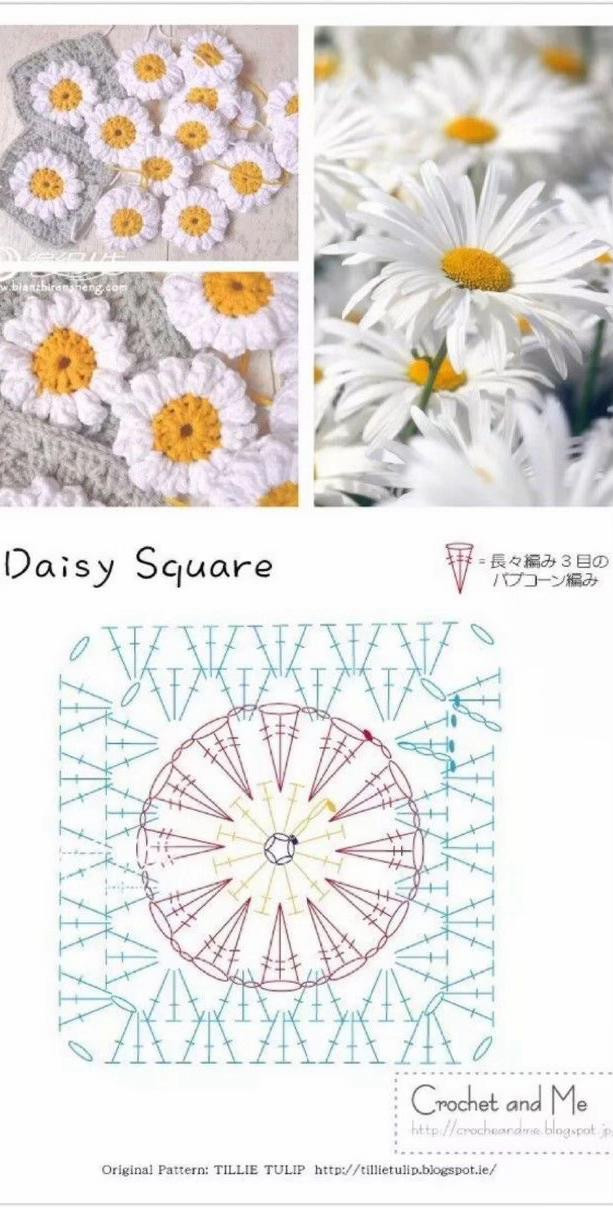 Collection of Crochet Flat Charts: Berries Square, Daisy Square, and Center Motif Patterns