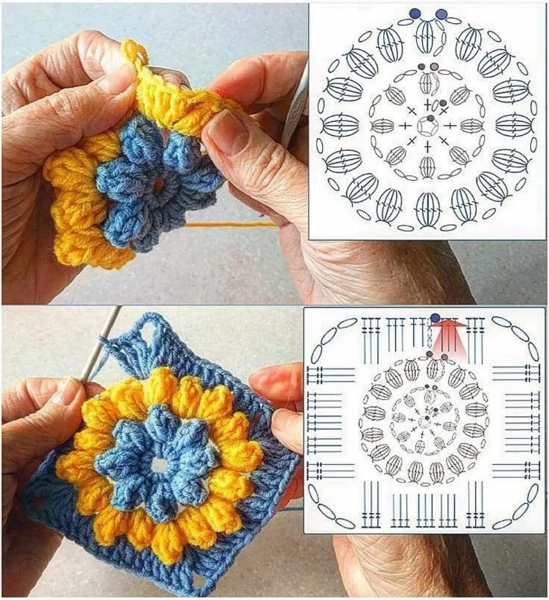 Collection of Crochet Flat Charts: Berries Square, Daisy Square, and Center Motif Patterns