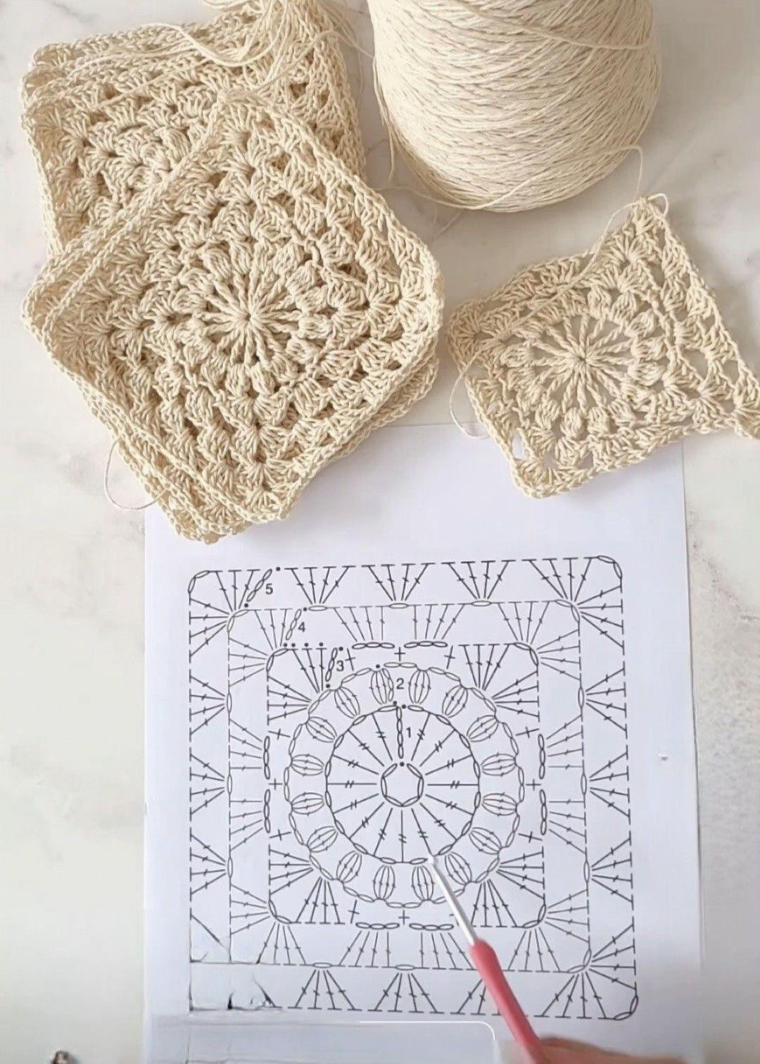Collection of Crochet Flat Charts: Berries Square, Daisy Square, and Center Motif Patterns