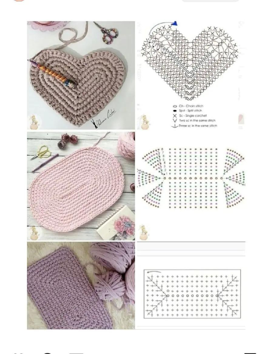 Collection of crochet flat charts for oval, round, hexagon and heart shapes with stitch patterns