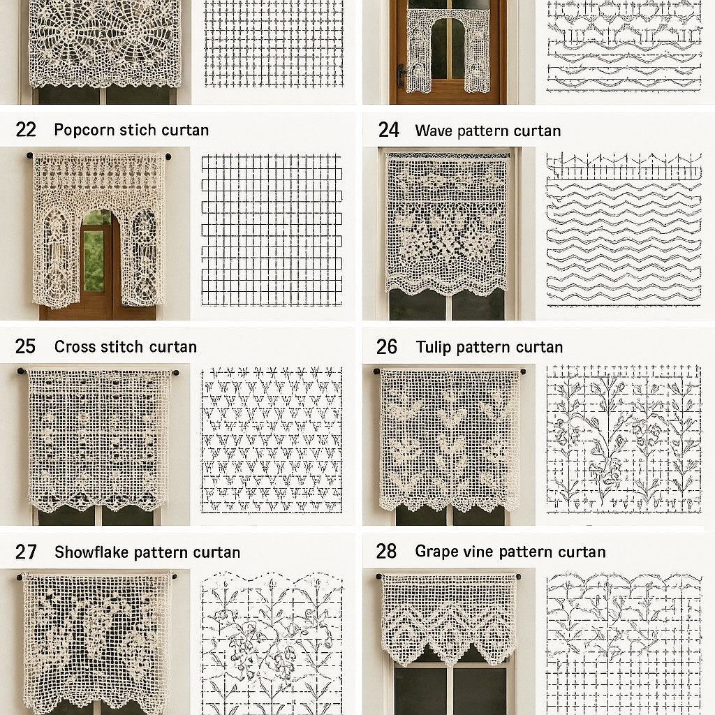 Collection of vintage crochet curtain patterns including Popcorn, Wave, Tulip, and Grape vine stitch charts with finished photos