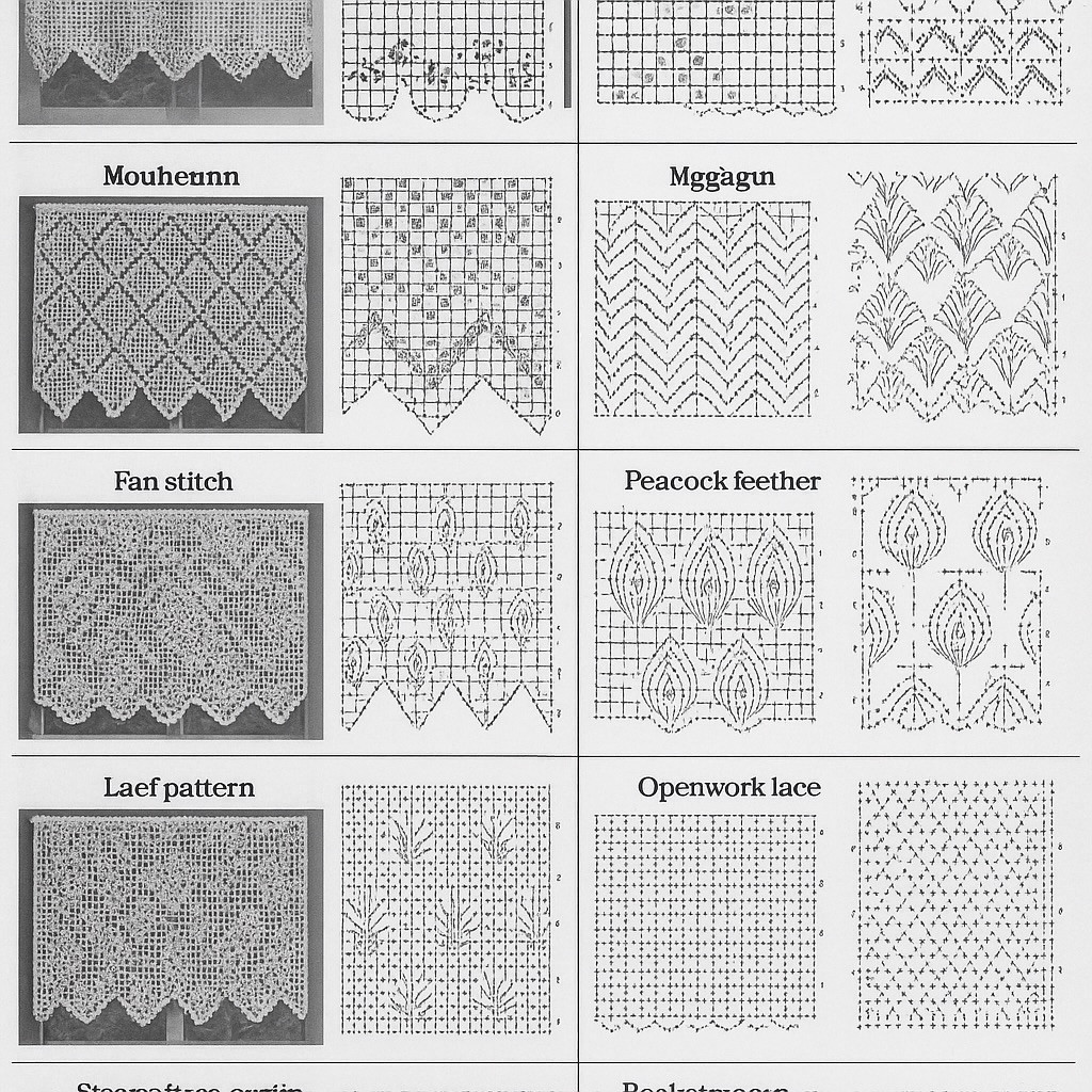 Collection of vintage crochet curtain patterns including Popcorn, Wave, Tulip, and Grape vine stitch charts with finished photos