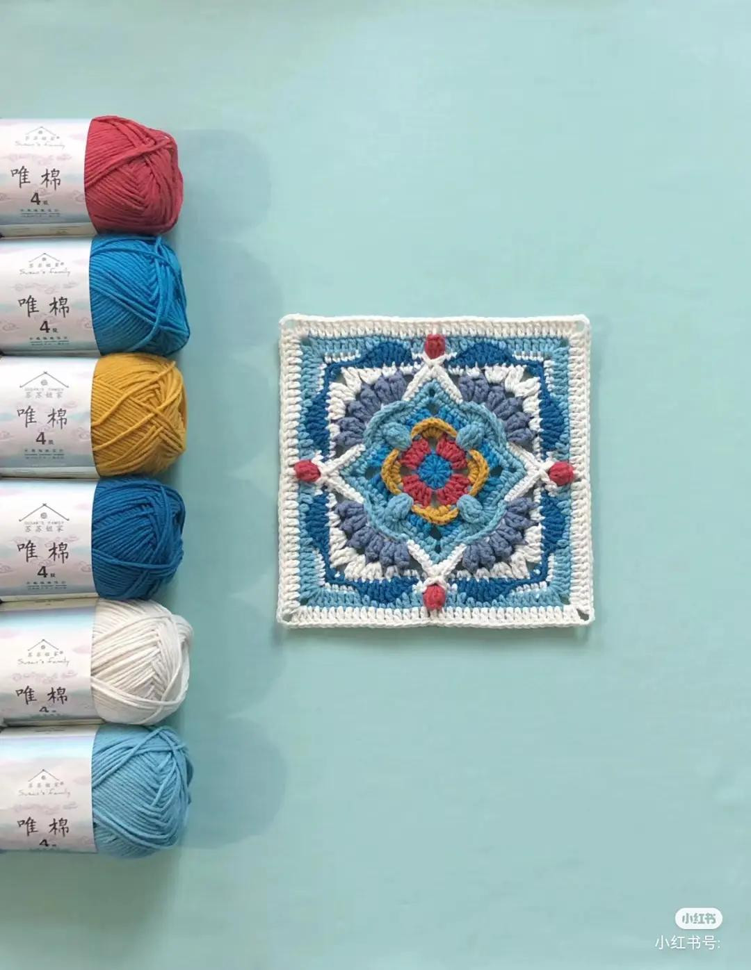 Colorful Blue Red Yellow Granny Square Crochet Pattern Chart with Symbol Legend