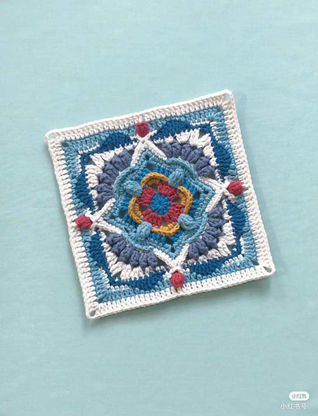 Colorful Blue Red Yellow Granny Square Crochet Pattern Chart with Symbol Legend