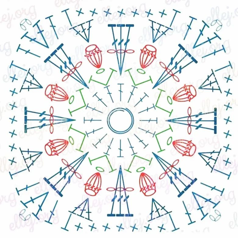 Colorful Circular Crochet Motif Chart with Red, Blue, and Green Stitch Diagram